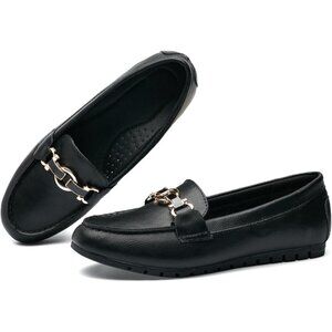 Womens Leather-black BLACK PEBBLE Slip On Comfort Chunky Heel Lug Sole Loafers